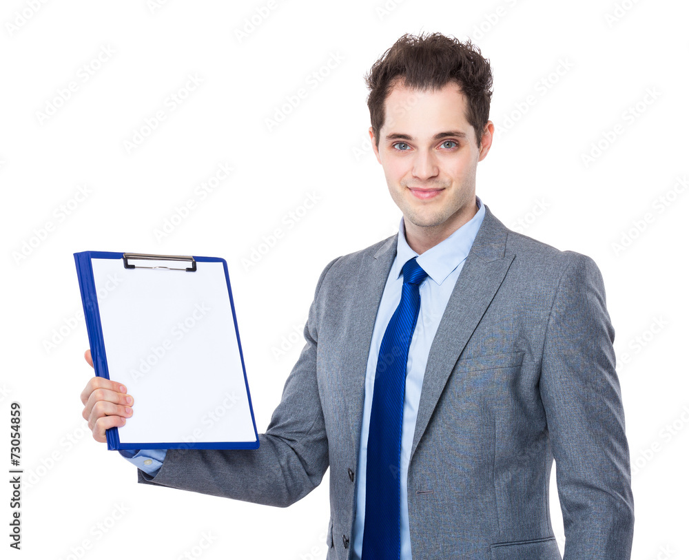 Businessman show with blank paper on clipboard Businessman show with blank paper on clipboard