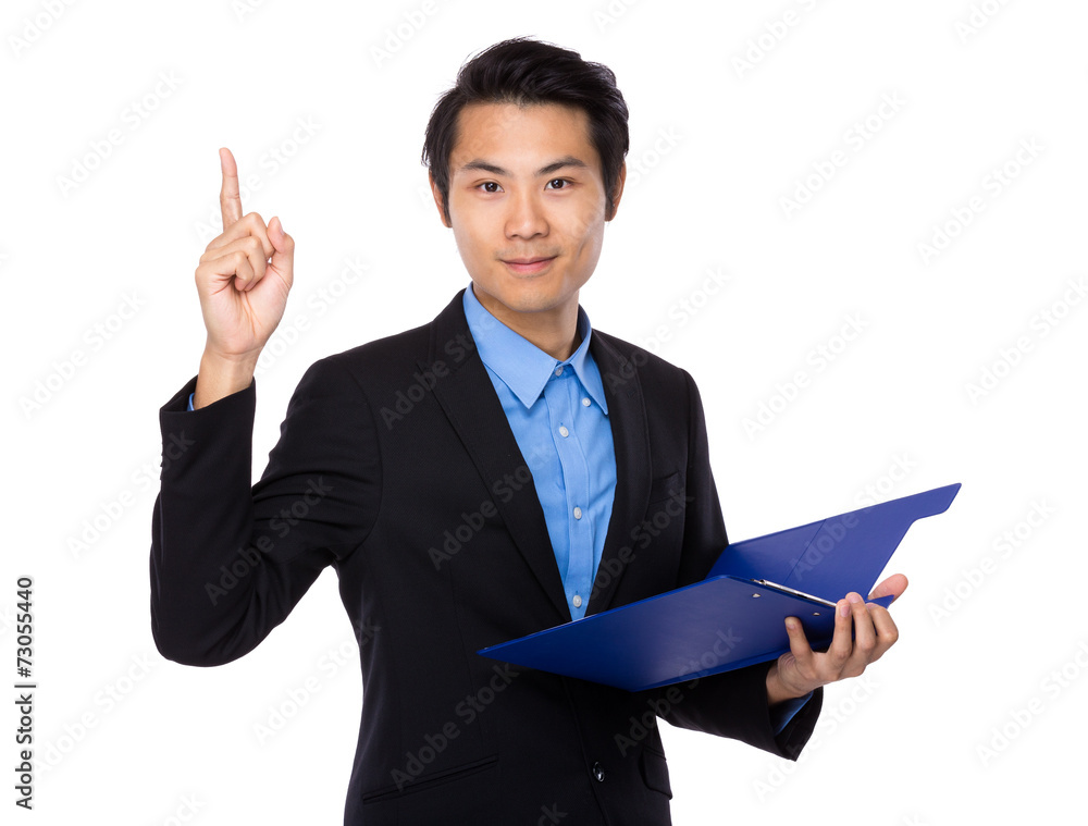 Businessman with clipboard and finger point up Businessman with clipboard and finger point up