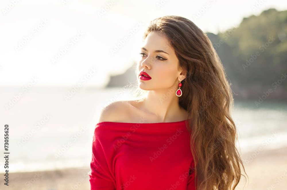 Attractive teen girl outdoor portrait, fashionable woman with re Attractive teen girl outdoor portrait, fashionable woman with re