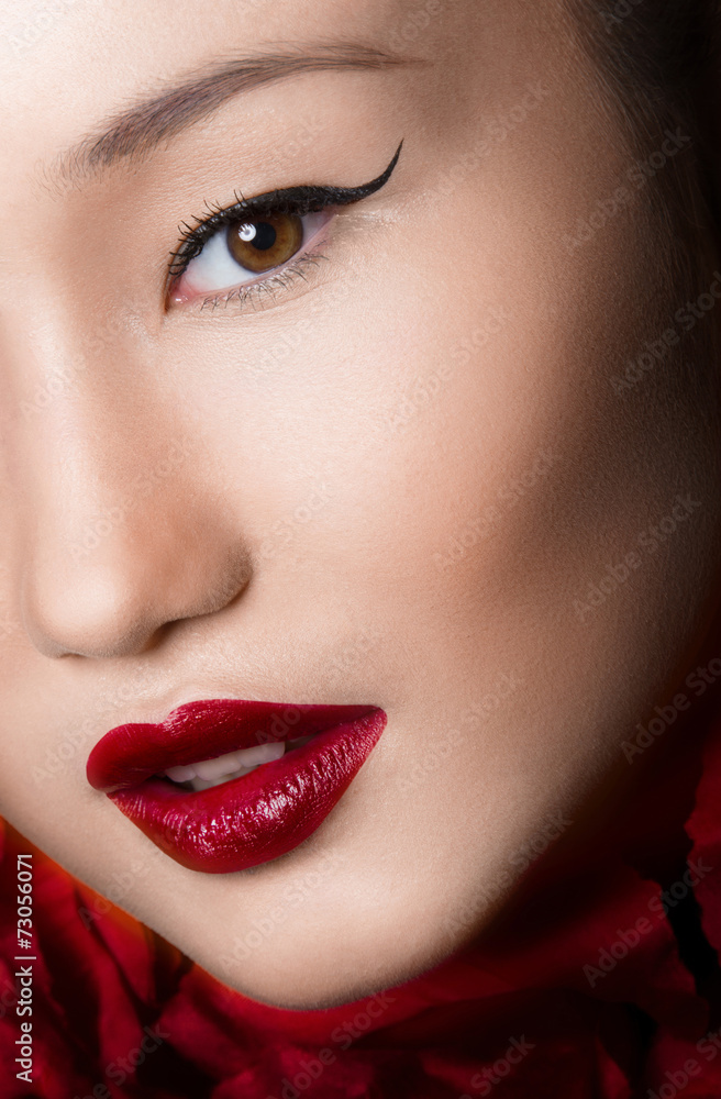 Asian Woman Close up With glamour make up and red lips Asian Woman Close up With glamour make up and red lips