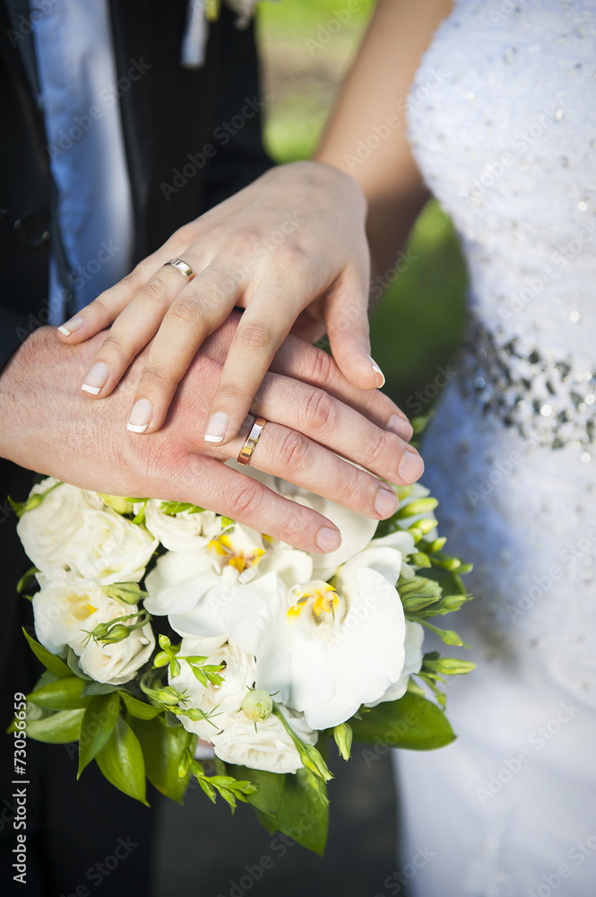 Bride and groom's hands with wedding rings Bride and groom's hands with wedding rings