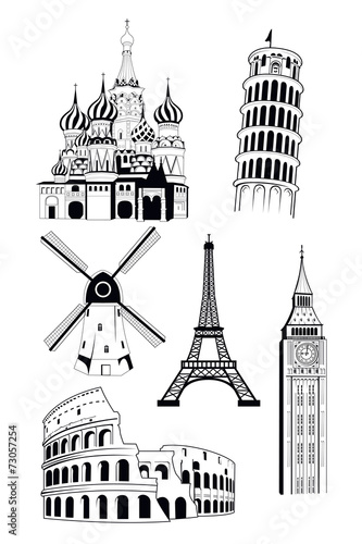 European travel destinations in ink style
