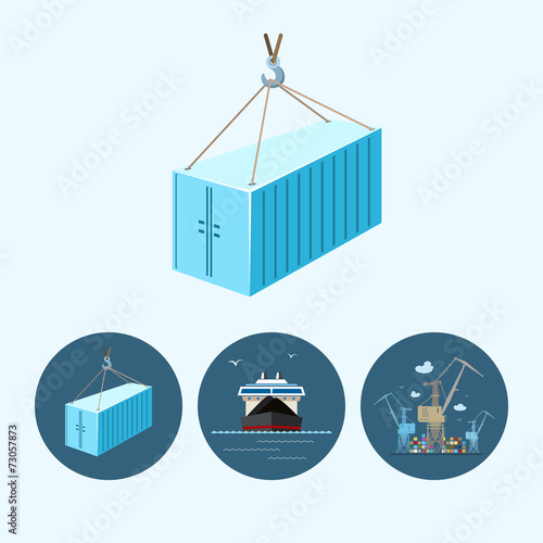 Set icons with   container, dry cargo ship , crane