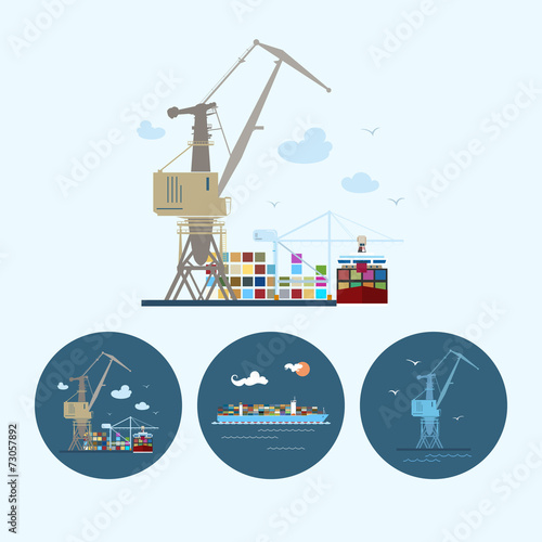 Set icons with  crane,  containership , vector illustration