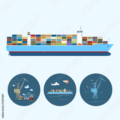 Set icons with  crane,  containership , vector illustration