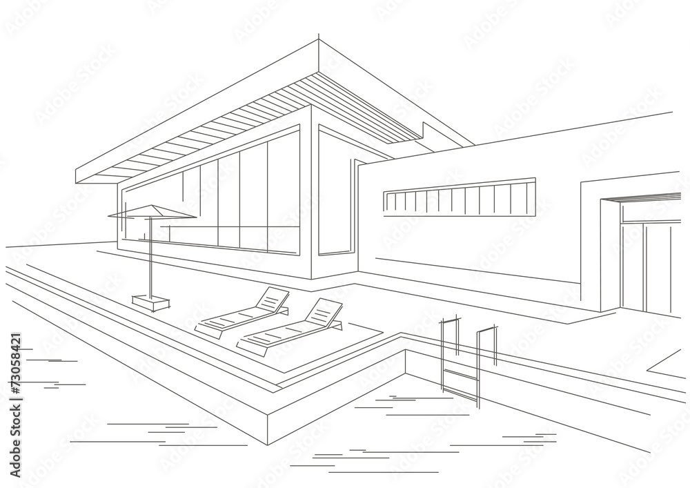 line sketch of vacation home with pool