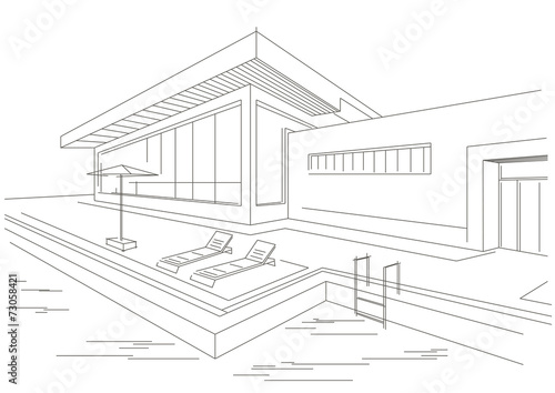 line sketch of vacation home with pool