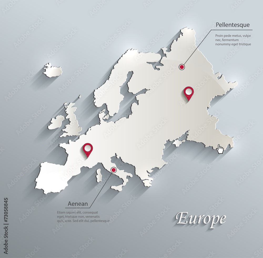 Europe map blue white card paper 3D vector infographics - obrazy, fototapety, plakaty 