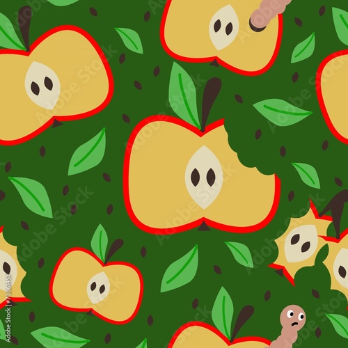 Seamless pattern with apples on the green background