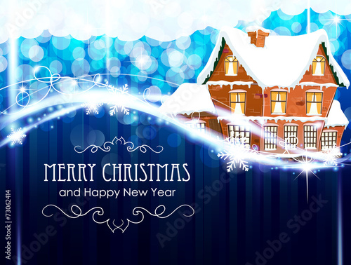 Brick cottage  on a blue Christmas background