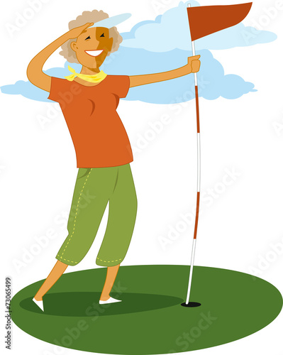 Mature woman holdinf a golf flag