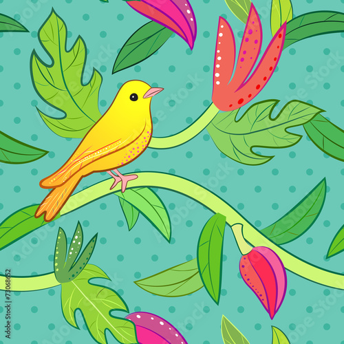 Nature seamless pattern with bird and leaf