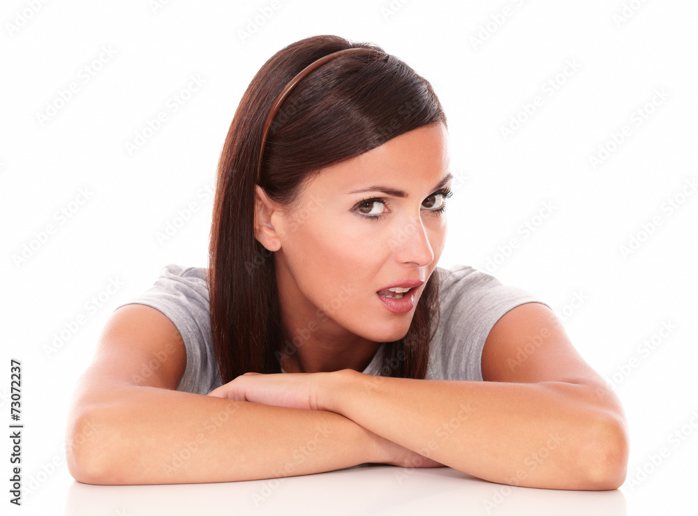 Unhappy lady looking at camera with angry look Unhappy lady looking at camera with angry look