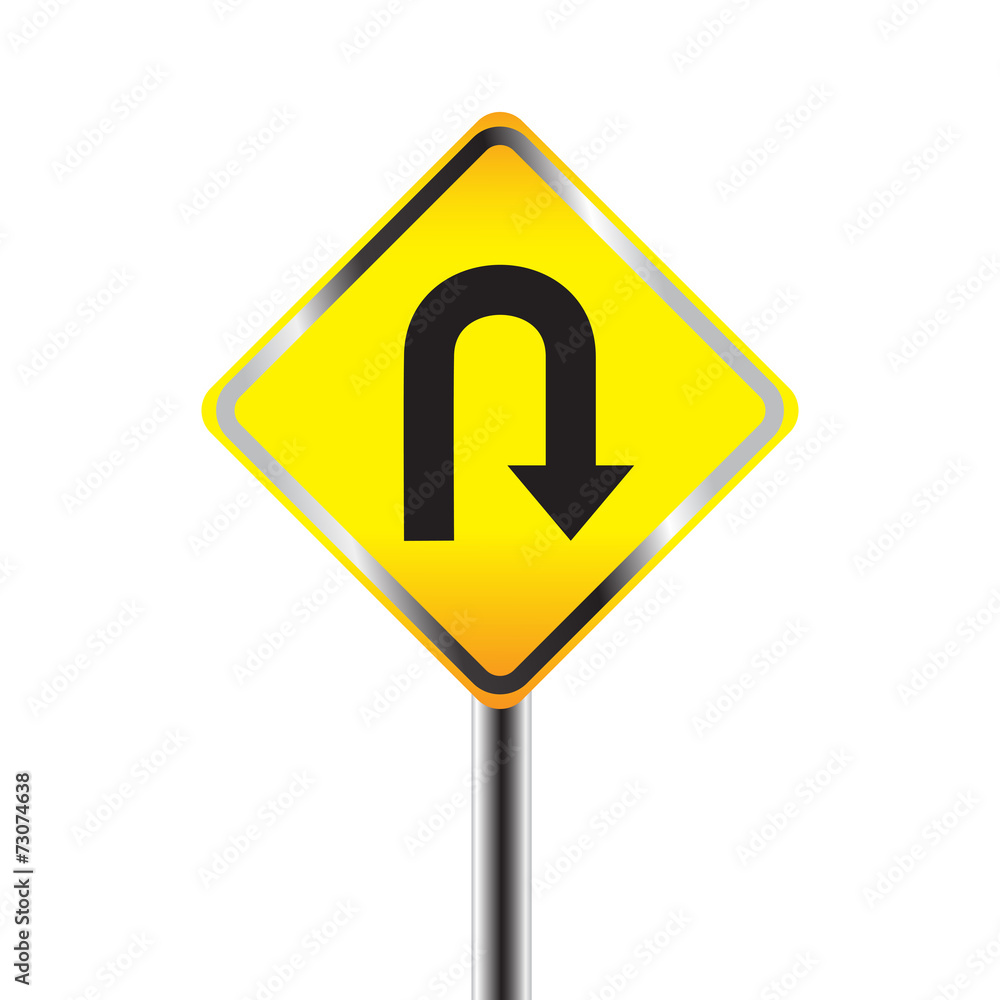 U-Turn road sign. Yellow road sign with turn symbol isolated on U-Turn road sign. Yellow road sign with turn symbol isolated on