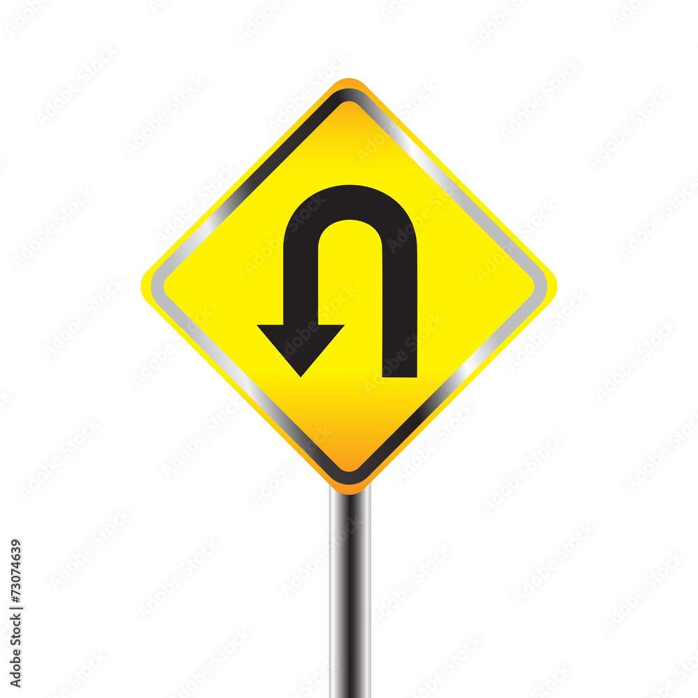 U-Turn road sign. Yellow road sign with turn symbol isolated on U-Turn road sign. Yellow road sign with turn symbol isolated on