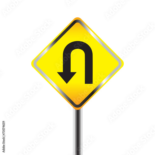 U-Turn road sign. Yellow road sign with turn symbol isolated on
