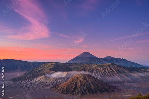 Beautiful sunrise over Bromo active volcano mountain, famous destination in East Java, Indonesia, Asia