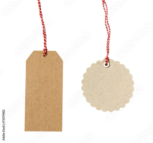 Blank hanging gift tags on white background