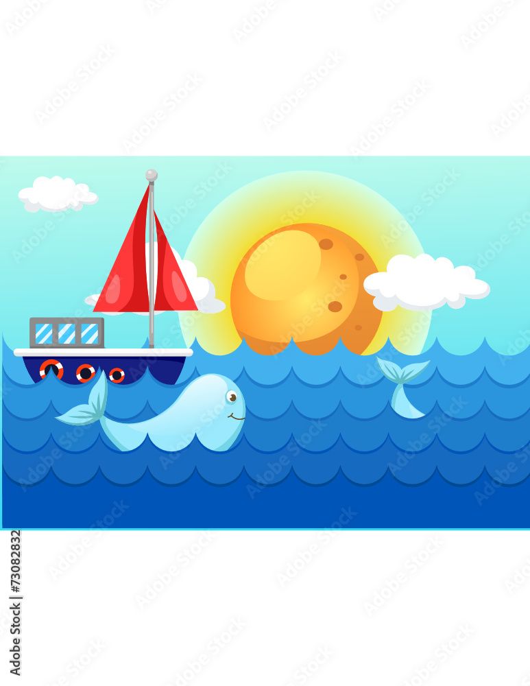 Naklejka premium landscape sea waves with whale and boat