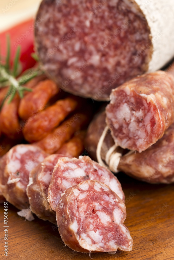 Different sausages and salami