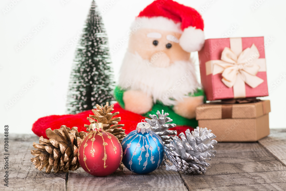 Colorful Christmas baubles and Santa Claus