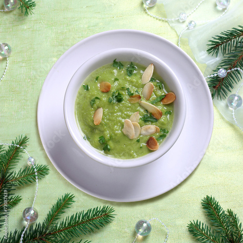 Christmas pea soup with toasted almonds