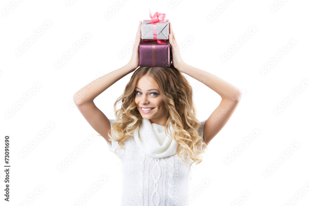woman portrait hold gift on white background. woman portrait hold gift on white background.