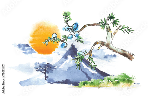 Mountain Fuji and sun, japanese art, vector