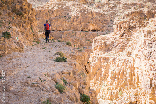 Woman tourist walking desert mountain above gorge canyon.