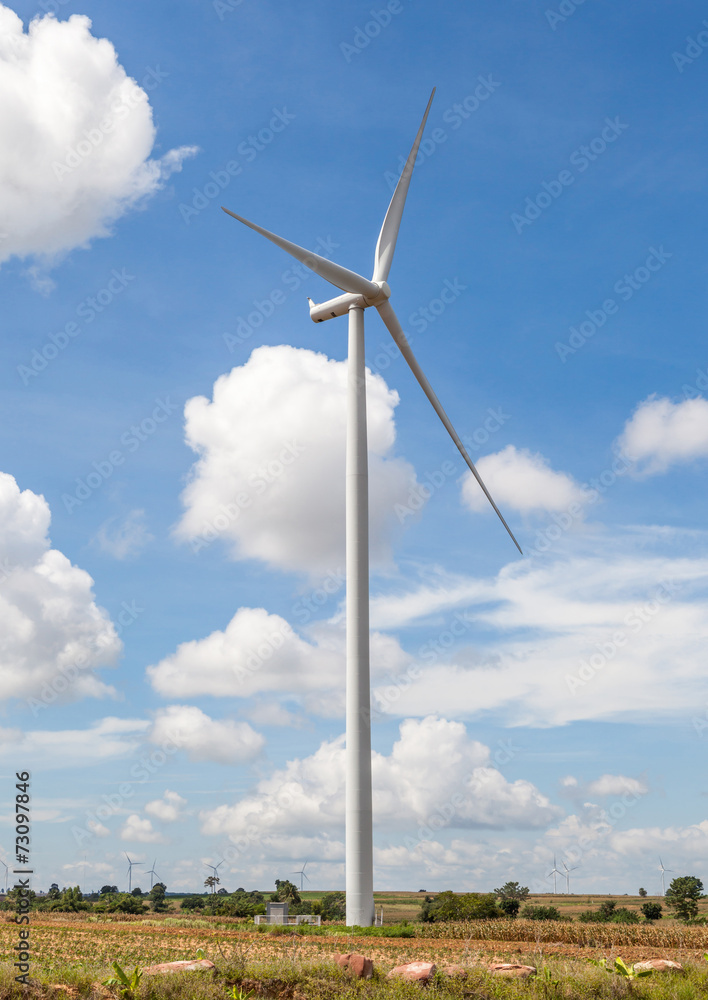 A wind turbine on the wind farm for producing renewable energy i