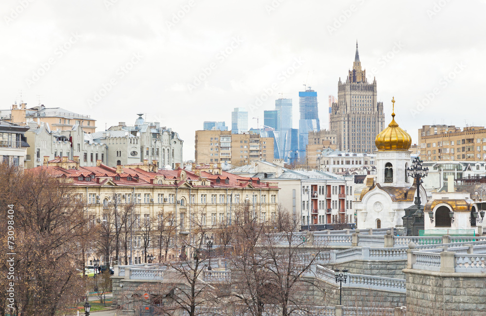 Moscow skyline with cathedral and skyscraper
