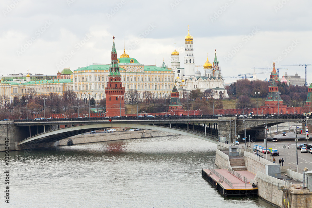 Bridge on River and Kremlin in Moscow in autumn Bridge on River and Kremlin in Moscow in autumn