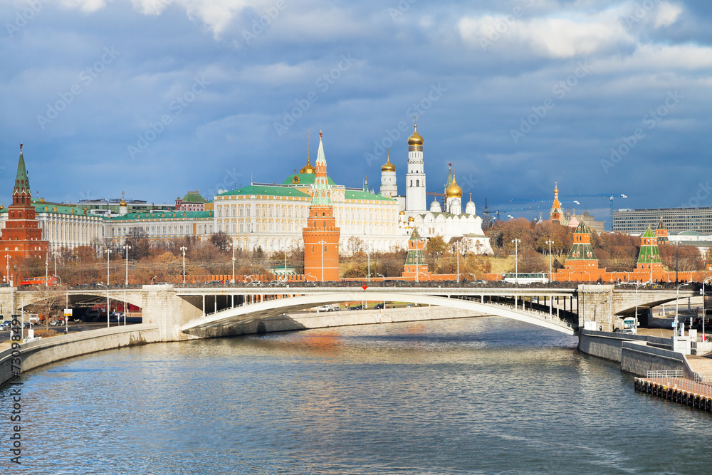 sunlight illuminated Moscow Kremlin in autumn