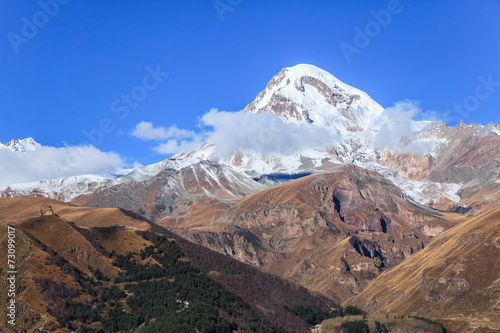 View of Mount Kazbek and Gergeti Monastery