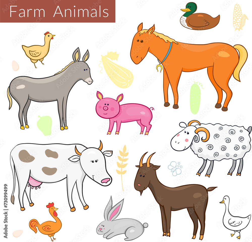 Vector set of different colorful farm animals
