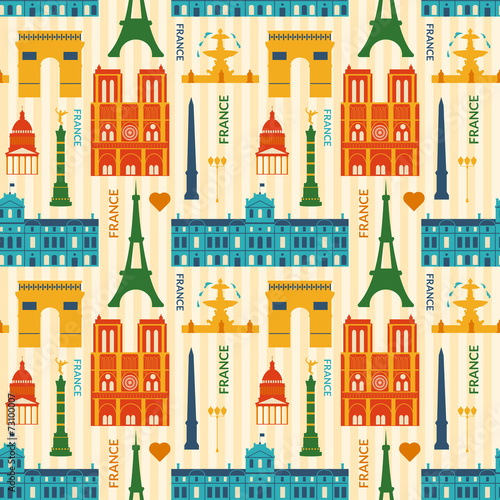 Landmarks of France colorful seamless pattern