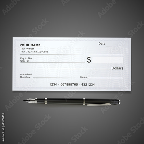 blank bank check template and pen