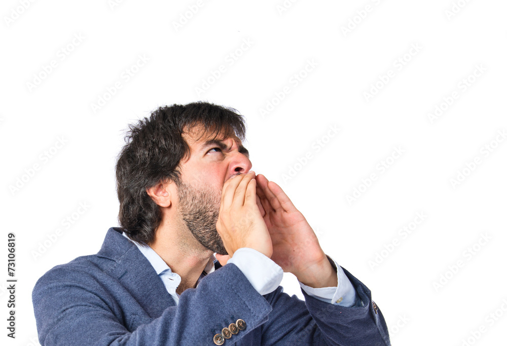 Businessman shouting over isolated white background Businessman shouting over isolated white background