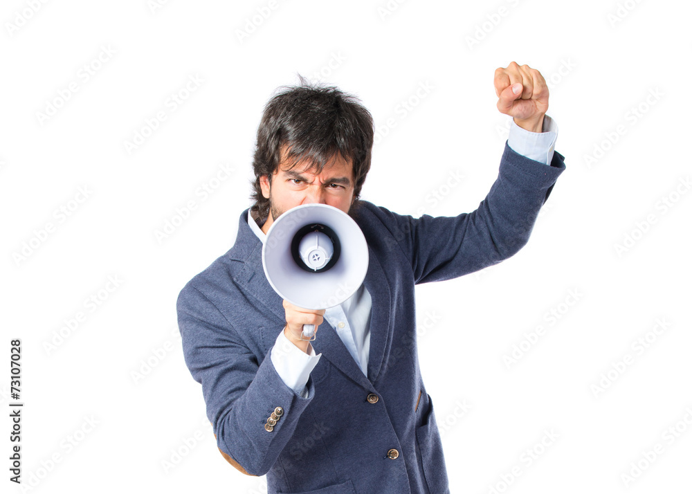 Businessman shouting over isolated white background Businessman shouting over isolated white background