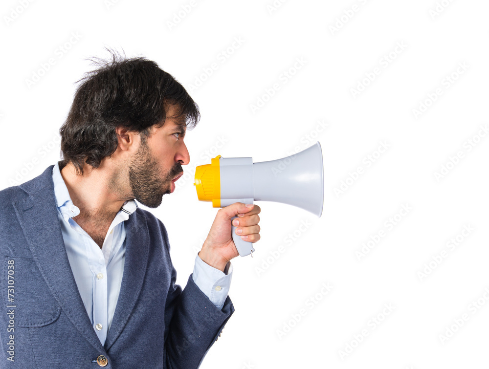 Businessman shouting over isolated white background Businessman shouting over isolated white background