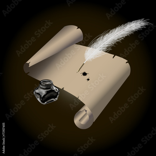 inkwell white feather roll old paper and blots