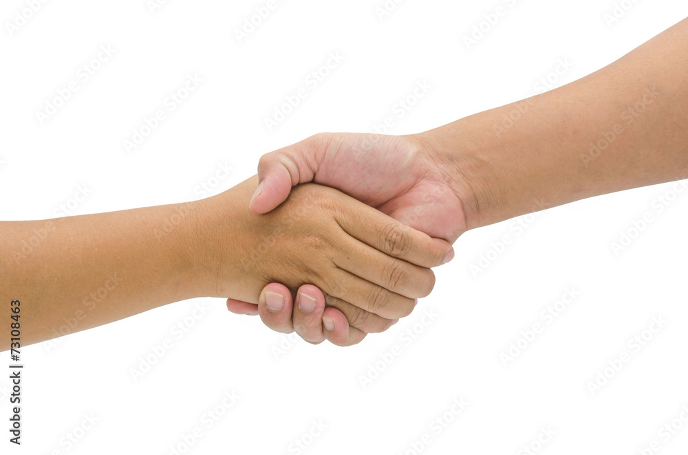 Shaking hands of two male people, isolated on white