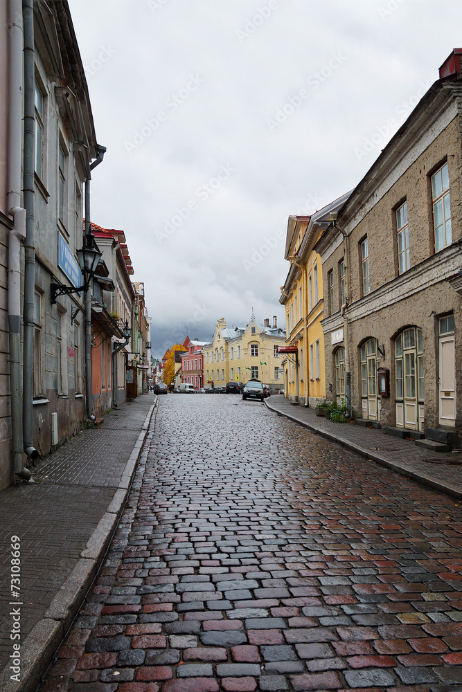 cobbled streets of old Tallinn in rainy weather