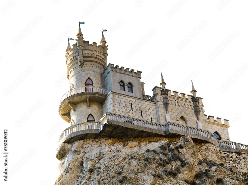 Swallow Nest castle on cliff in Crimea isolated