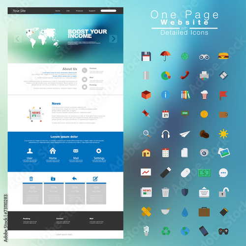 One page website design template. All in one set for website des