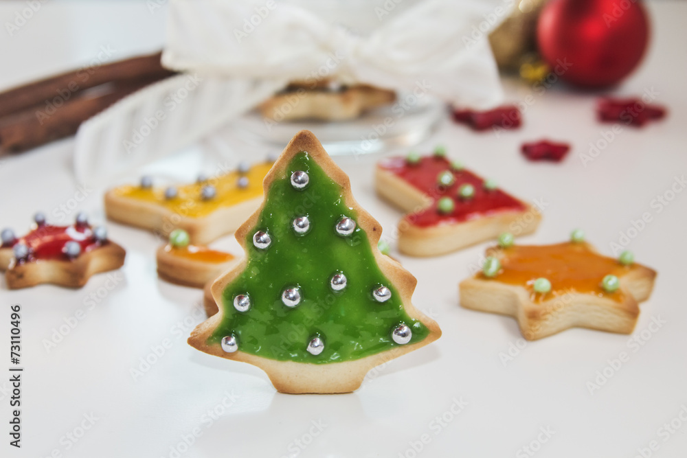 Christmas handmade cookies tree on white background