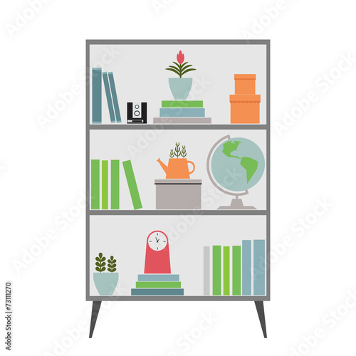 Illustration of a bookcase with different objects.  Vector