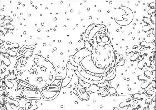 Santa carrying a bag of Christmas gifts on a sledge
