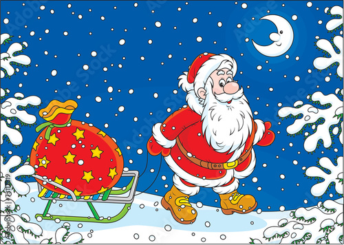 Santa carrying a bag of Christmas gifts on a sledge