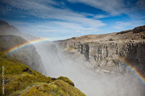 Dettifoss Waterfall in Iceland under a blue summer sky with clou
